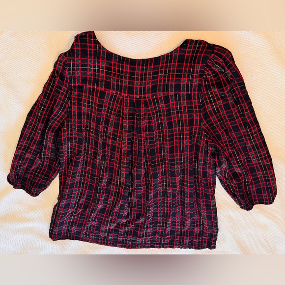 LOFT Black Red Green Gold Plaid V-Neck Blouse Puff Sleeve Top Women’s Shirt - Picture 8 of 16